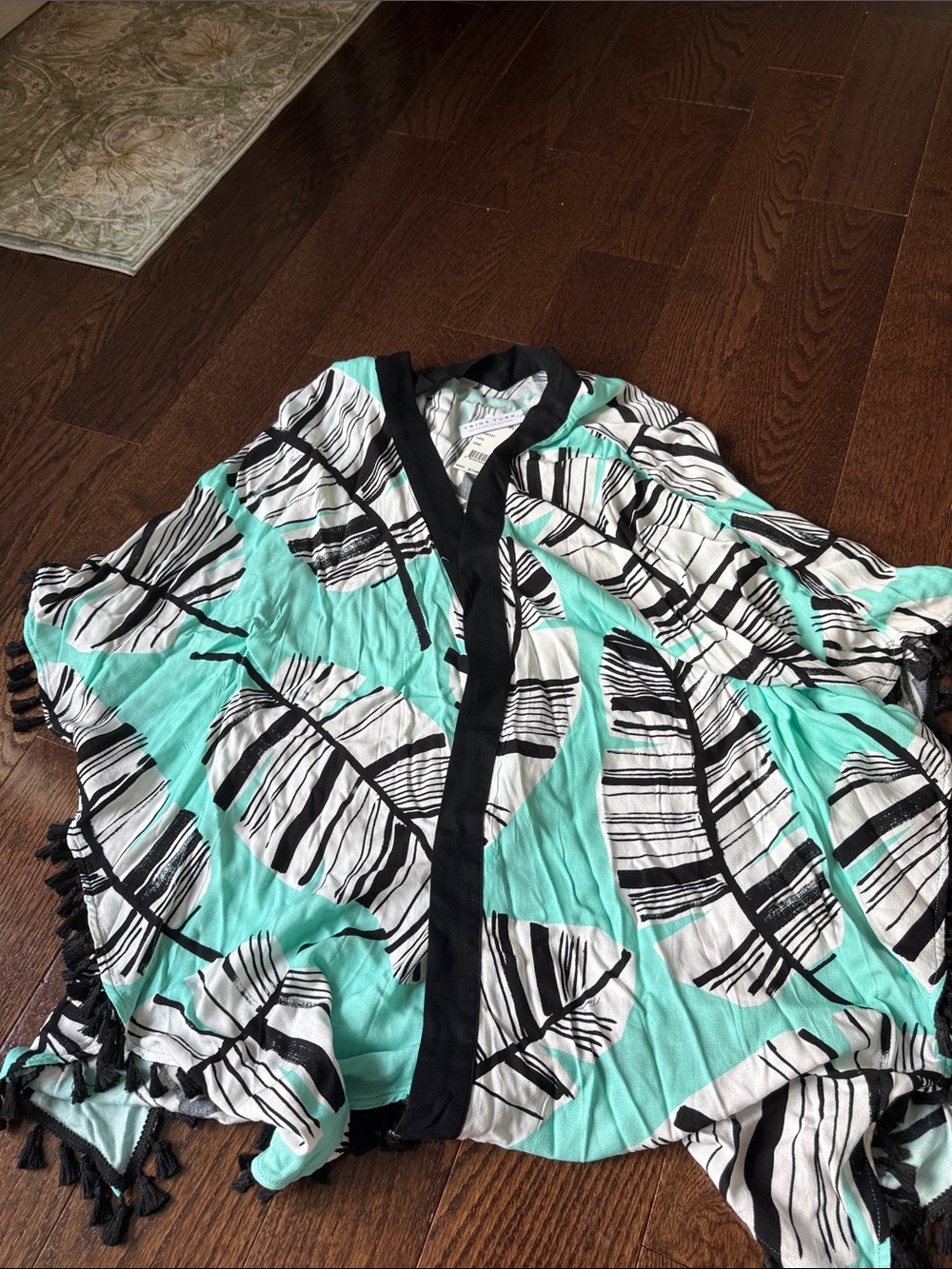 Trina Turk Mint, White and Black Feather-Print Cover-Up